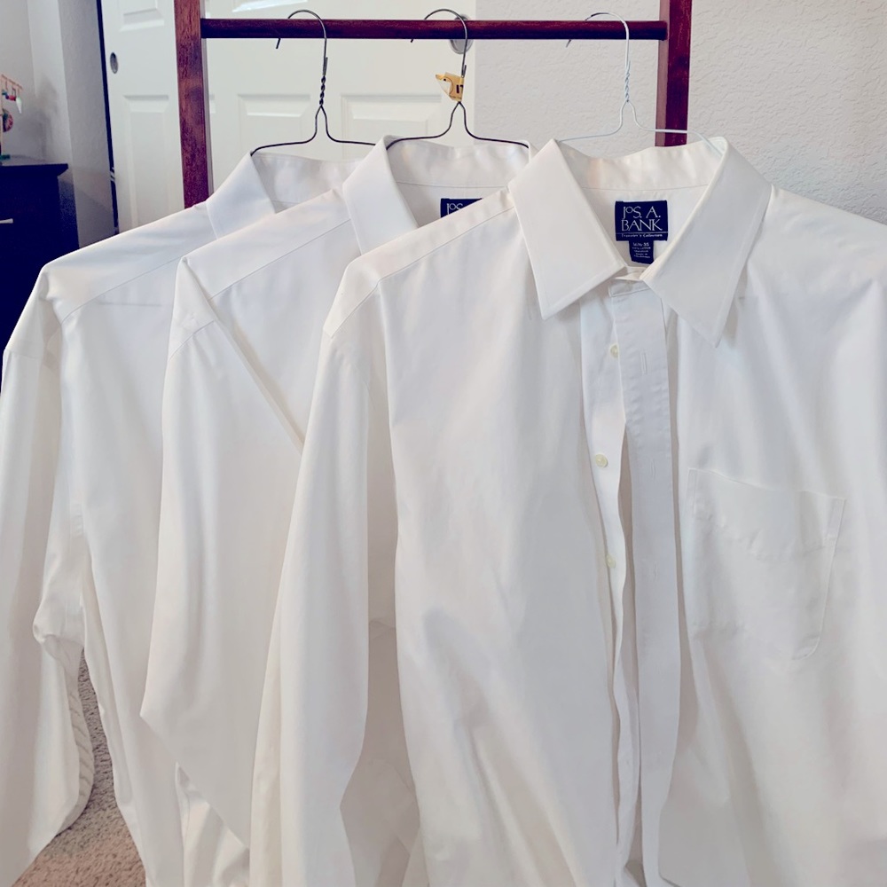 3 Jos. A. Bank white Traveler point collar dress shirts. 16 1/2 x 35